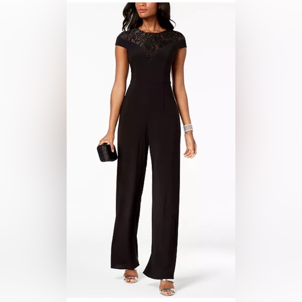 ADRIANNA PAPELL black Sequined embroidery on mesh Jersey Jumpsuit size 14